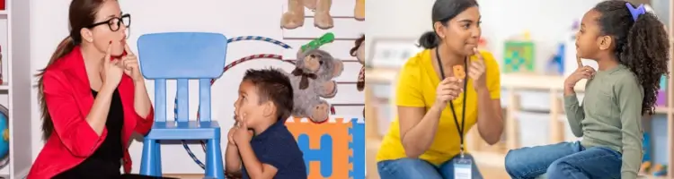 Child and therapist engaging in a therapy session, focusing on communication and emotional support, in a bright, welcoming therapy room.